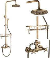 Rozin Brass Antique Rain Shower Set 8" Head Hand Shower with Shelf