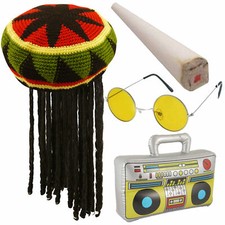 Rasta Hat Fake Spliff Inflatable Boombox Glasses Unisex Caribbean Costume Set 