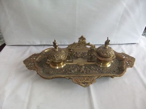 Antique brass twin ink stand - twin,