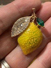 LEMON&LEAF fruit ENAMELLED BROOCH vtg shawl pin CRYSTAL art deco vintage style