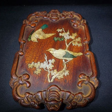 10-in Antique Rosewood Carving Bat Inlaid Shells Flower Bird Tea Tray Solid Wood