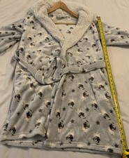 Ladies F&F UK 10-12 dressing gown pug dog motif, length 34”light blue grey.