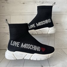 Love Moschino Logo Sock Boot Trainers UK 6 EU 39 High Top Sneaker Black Diamante