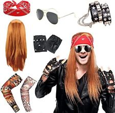 Men Women 80s 90s Fancy Dress Costume Accessories Set Rock Star Heavy Metal Wig