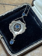 Art Nouveau Sterling  Silver & 9ct Gold Pendant With Blue Stones