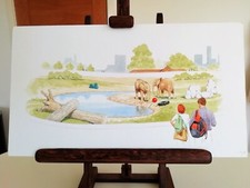 ORIGINAL WATERCOLOUR CHILDREN'S BOOK ILLUSTRATION ELEPHANTS & ZOO 11.5'' x 6.5''