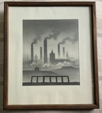 TREVOR GRIMSHAW ORIGINAL PENCIL DRAWING SIGNED FACTORIES AND FENCE