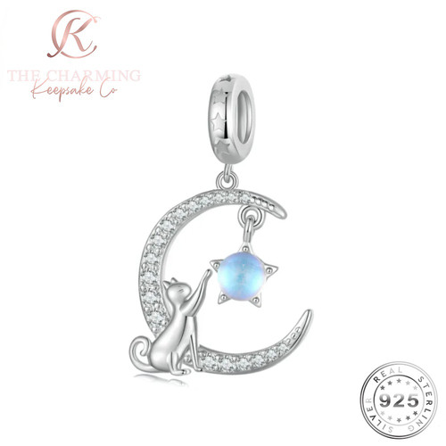 Cat the moon charm silver - moon,