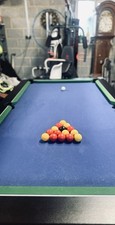 pool table, blue felt, cues stand and balls all included, snooker and pool balls