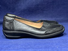 HOTTER UK 7 1/2 STD GILLIAN BLACK LEATHER LOW WEDGE SLIP ON SHOES BNWOB