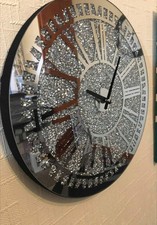 STUNNING SILVER WALL CLOCK CRUSHED DIAMOND CRYSTAL MIRROR GIFT 40x40x5cm