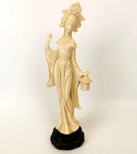 Geisha Guanyin Statue Resin Wooden Plinth Stand 15" Ivory Soapstone Ornament