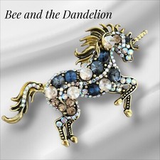 Unicorn Rhinestone Crystal  Gold Tone Brooch