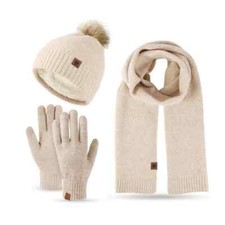 Womens Ladies Thick Knit Hat Scarf AND Touchscreen Gloves Set Knitted Winter NEW