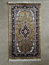 Luxury Kashmir Silk Rug 28” x 50” Gold Traditional Cotton Back Hand Handmade