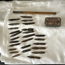 Antique Wooden Dip Pen & Nibs & Pen Nib Tin