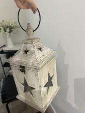 Christmas distressed white wooden lantern with star cutouts tea candle holder