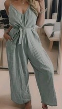Mrs Hinch Cotton Seersucker Jumpsuit Wide Leg Loungewear Uk 8-10 Olive Green