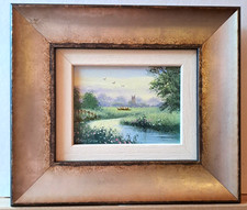 MARY SHAW Framed Original Miniature Oil Painting Church and Cows