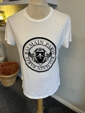 Balmain Paris White Distressed Flocked Coin Circle Logo T-Shirt Large L Cotton