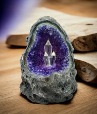 Illuminated Amethyst Colour Geode Resin Figurine, LED Crystal Light Display