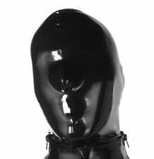 Black Latex Rubber Gummi Hood Mask Full Face Zipper Nose Holes Natural Rubber