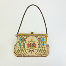 Vintage 1940s Beaded Floral Purse with Metal Clasp and Chain Handle #232