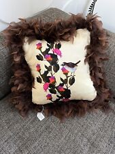 Hand made luxury designer cushion 100% silk, Brown Feather Trim Floral Bird