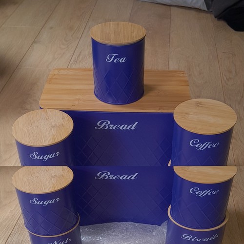 Blue metal bread bin bamboo - bin,