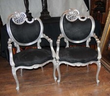 Pair Silver Rococo French Arm Chairs Fauteils Armchairs
