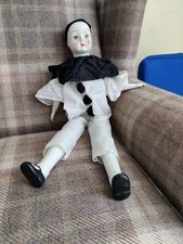 Vintage 16" Porcelain Bisque Pierrot Clown Doll Stuffed Body Boxed A18