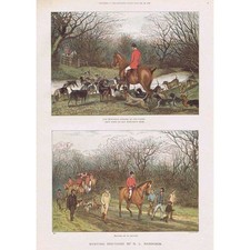 GL HARRISON Victorian Fox Hunting Scenes - Coloured Antique Print 1886