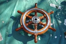 VINTAGE BOAT STEERING WHEEL, WOOD AND CHROMED BRONZE, REFURBISHED AND LACQUERED