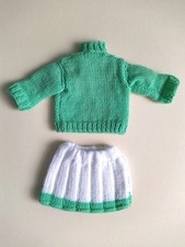 Vintage 1960s Hand Knitted outfit for Tiny Tears Doll skirt & jumper green white