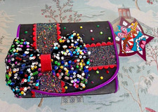 Irregular Choice Put a Bow On It Black Multicolour Sequin Present Clutch Bag NWT