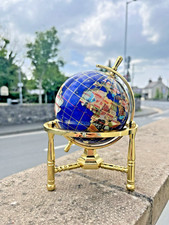 VINTAGE BLUE SEMI PRECIOUS STONE GEMSTONE GLOBE BRASS BASE 7.5" DESK PAPERWEIGHT