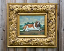 Oil on board of a Basset Hound Dog Framed in Ornate Giltwood Frame 47 x 43 cm