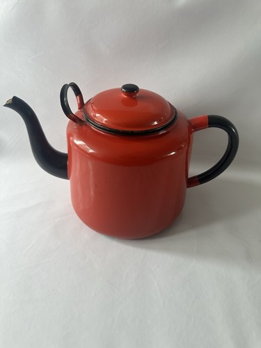 Vintage enamelware red kettle - enamelware,