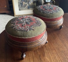 Pair Victorian Walnut Foot Stools With Beaded Upholstery 