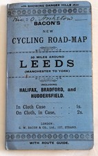 Vintage Bacon’s Cycling Road Map 30 miles around Leeds, cloth backed, free P&P
