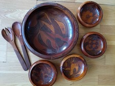 Carved Wooden Salad Bowls and Server Set
