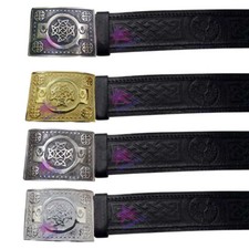 CC Kilt Belt with Buckle Celtic Knot Thistle Embossed Real Leather Belts Black