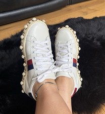 GUCCI Studded White Leather Lace Up Shoes With Pearls UK 4