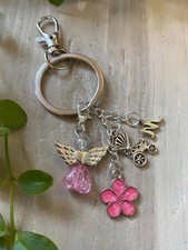 Baby Shower Keyring, Angel, Pram Keychain, Pink Flower, Initial, Bag Charm Gift