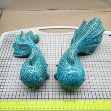 Pair Ceramic China Japan Asian Blue Green Fish Koi Carp Cracked Glaze