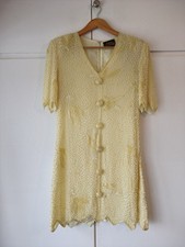 Vintage Gina Bacconi Silk Beaded Dress UK12 Yellow Pearl Sequin Evening