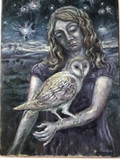 Contemporary  Oil painting on Canvas Girl  and Barn  Owl. Nocturnal landscape.