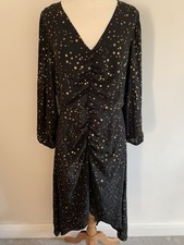 George Black With Gold Stars Ladies Ruched Long Sleeved Dress Size 12 Christmas