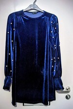 Velvet Dress with Pearl Embellished Sleeves Navy Blue Velour Gothic Alchemy