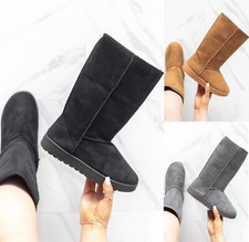 LADIES FUR LINED SNUGG HUG WOMENS MID CALF WARM WINTER GRIP SOLE BOOTS SIZE 3-8